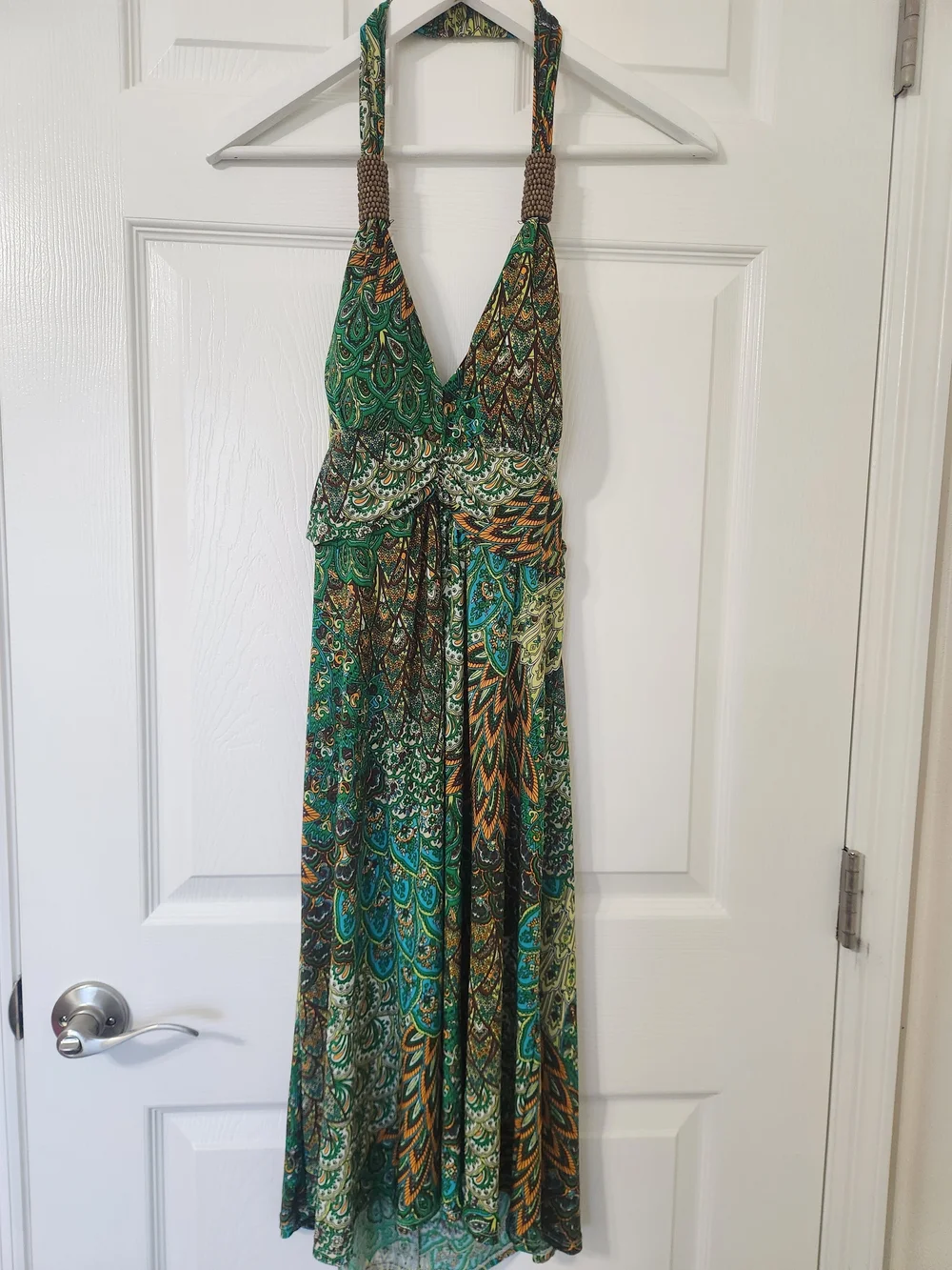 CristinaLove Boho Peacock Colors PaisleyPrint Halter Maxi Dress Wood Bead Detail